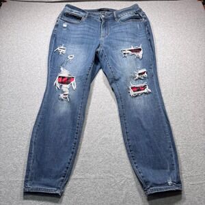 Judy Blue Skinny Fit Distressed Buffalo Plaid Patch Jeans Blue Womens 16W